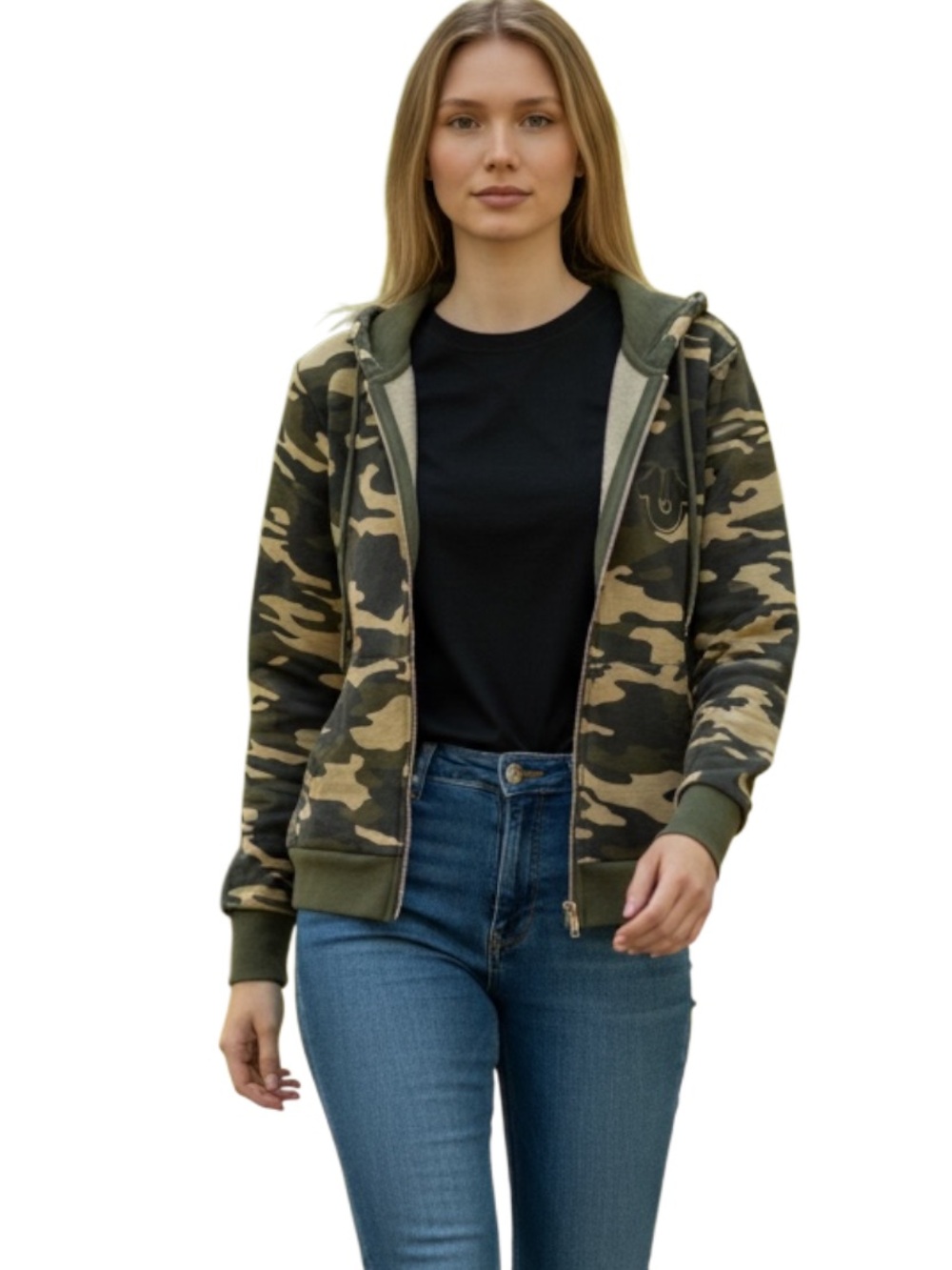 True Religion Women's Camo Zip-Up Hoodie in Olive and Tan